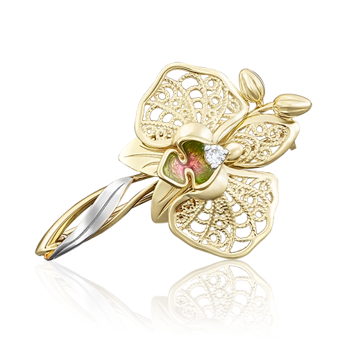 Брошь из желтого золота с фианитом/эмалью PLATINA jewelry