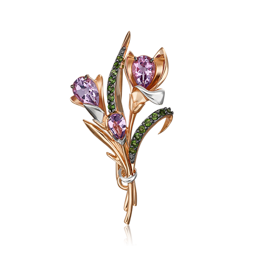 Брошь из красного золота с аметистом/хромдиопсидом PLATINA jewelry