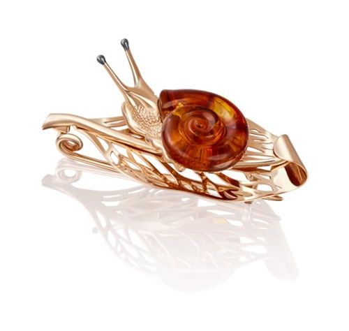 Брошь из красного золота с янтарем PLATINA jewelry