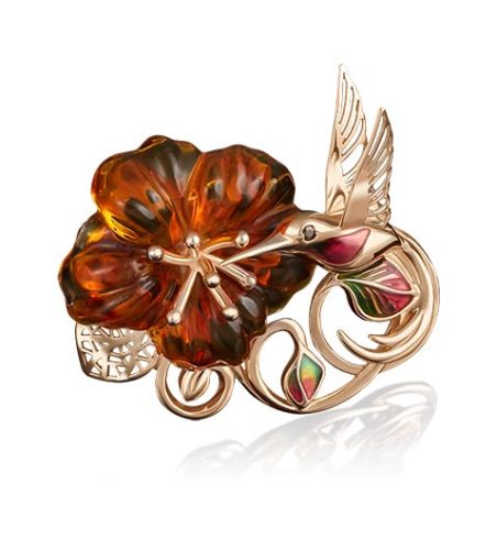 Брошь из красного золота с янтарем/фианитом PLATINA jewelry