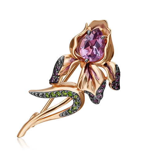 Брошь из золота с аметистом/хромдиопсидом/эмалью PLATINA jewelry