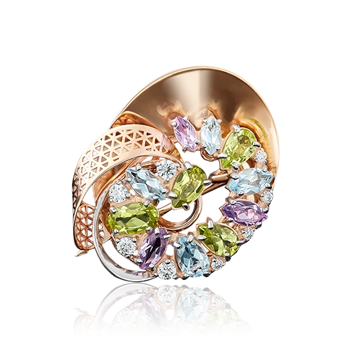 Брошь из золота с топазом/хризолитом/аметистом PLATINA jewelry