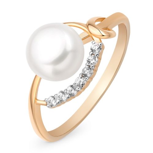 Кольцо женское из красного золота с жемчугом, фианитом 585Gold
