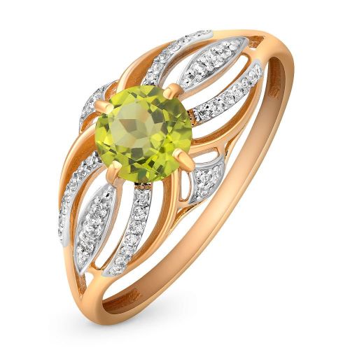 Кольцо женское из красного золота с хризолитом, фианитом 585Gold