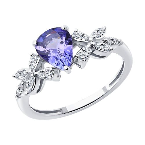 Кольцо из белого золота с бриллиантом и танзанитом р. 17 SOKOLOV Diamonds
