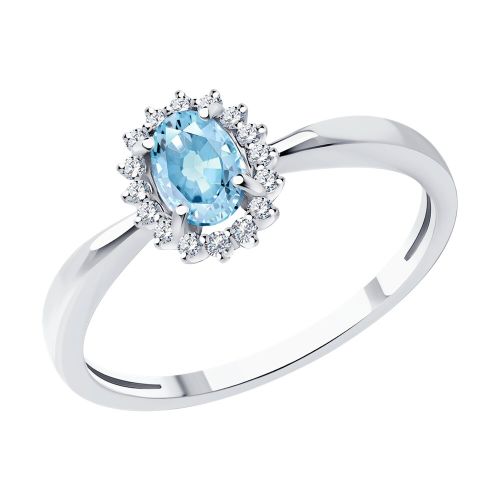 Кольцо из белого золота с бриллиантом/аквамарином р. 17 SOKOLOV Diamonds