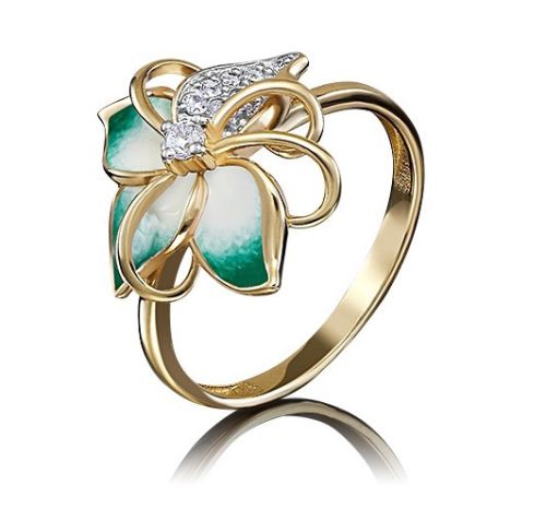 Кольцо из желтого золота с фианитом/эмалью р. 17 PLATINA jewelry