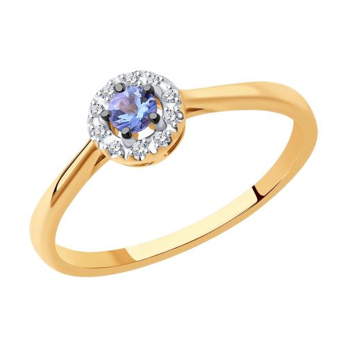 Кольцо из красного золота с бриллиантом/танзанитом р. 15,5 SOKOLOV Diamonds