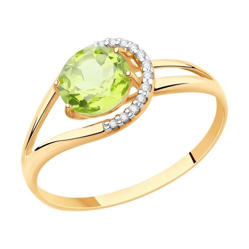 Кольцо из красного золота с хризолитом и фианитами р.18 Diamant
