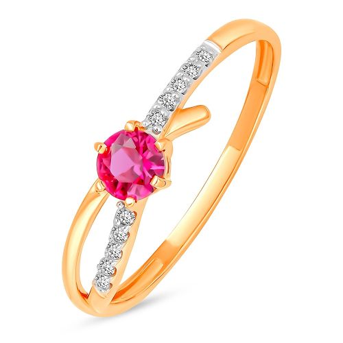 Кольцо из красного золота с рубином искусственным/бриллиантом р. 18,5 585Gold