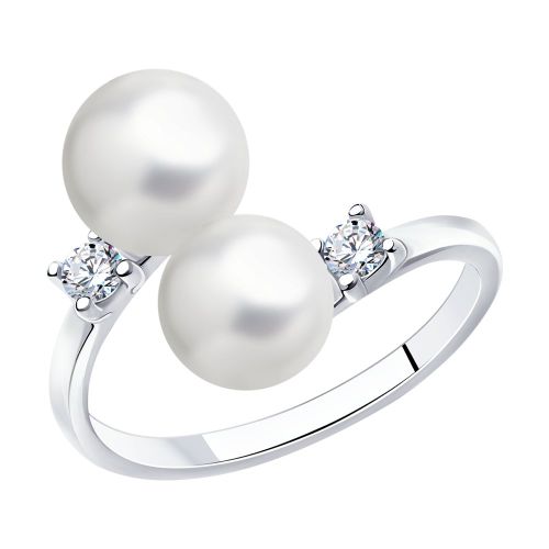 Кольцо из серебра с фианитом/искусственным жемчугом р. 18 Diamant