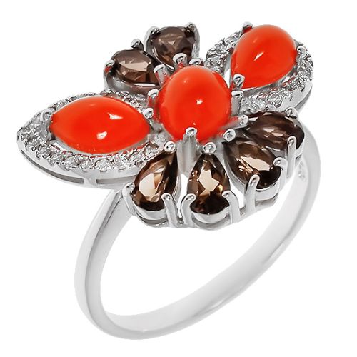 Кольцо из серебра с кораллом/раухтопазом/фианитом р. 19 Balex Jewellery
