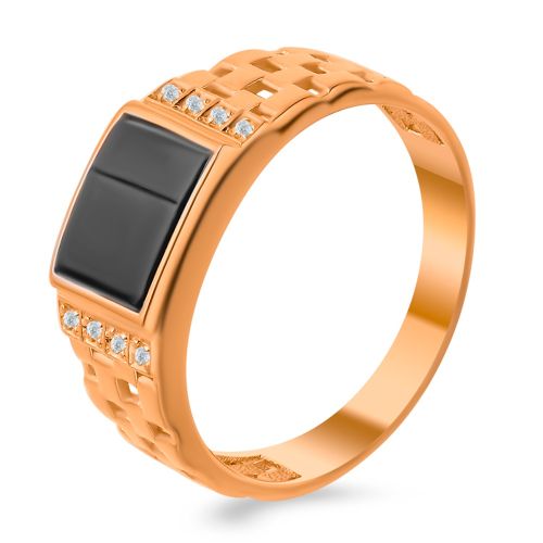 Кольцо печатка из серебра с фианитом/ониксом р. 19,5 585Gold