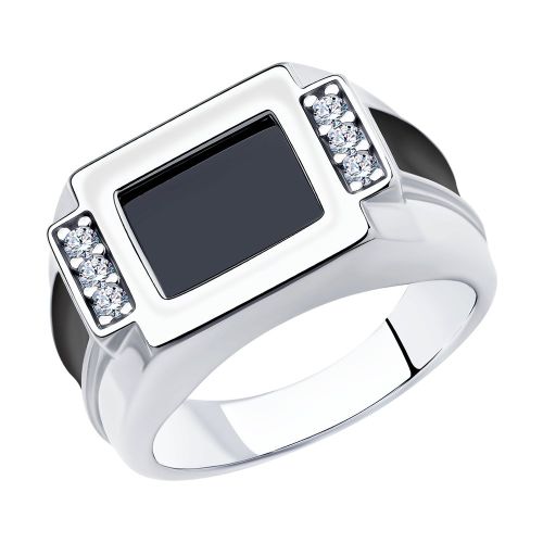 Кольцо печатка из серебра со шпинелью нано/фианитом/эмалью р. 21 Diamant