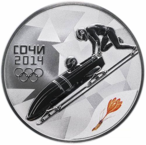 Серебряная монета 3 рубля в капсуле 31,1г Бобслей, Олимпиада Сочи 2014, СПМД 2014 Proof